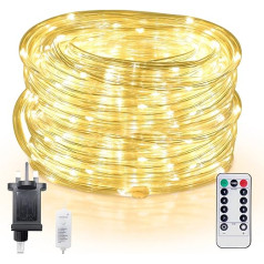 LED Rope Fairy Lights Ūdensnecaurlaidīgas aptumšojamas dekoratīvas caurspīdīgas caurules gaismas virvju auklas ar tālvadības pults taimeri iekštelpu kempinga ballītei Helovīna Ziemassvētku dekorēšanai (29,9 m, silti balts)