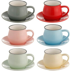 6 x Porcelain Cappuccino Cups and Saucers 4oz (108ml) - Assorted Colours