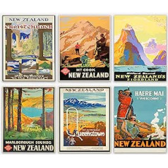 Jaunzēlandes ceļojumu izdruku komplekts no 6 ceļojumu plakātiem Okeānijas plakāti Retro ceļojumu māksla Retro plakātu sienas māksla Jaunzēlandes plakātu komplekts Velingtona (20 cm x 25 cm)