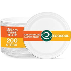 ECO SOUL Pearl White, apaļas 25 cm bagass papīra šķīvji (200 gab. iepakojumā), vienreizlietojamie trauki un 100% kompostējami, videi draudzīgi ballīšu trauki, izturīgi kempinga trauki, mikroviļņu krāsns un krāsns