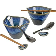 UNICASA keramikas ramen bļoda, ramen nūdeļu zupas bļodas ar irbulīšiem, karotes un karotes paliktnis, japāņu trauku Ramen Bowl zils komplekts Āzijas pārtikas nūdelēm - 2 x 600 ml