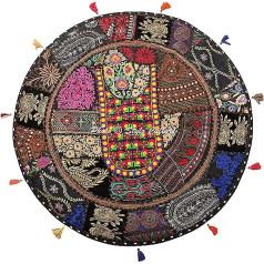 Stylo Culture Indijas dekoratīvs apaļas grīdas spilvena pārvalks Boho 70 x 70 cm liels meditācijas spilvens vintage melns bohēmijas raibs pupiņu maiss sēdekļa spilvens kokvilnas izšūts grīdas spilvens etniskais