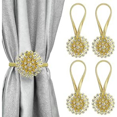 Magnetic Crystal Flower Curtain Tiebacks, Stretchy Curtain Tieback Buckle with Spring Rope, Decorative Curtain Holders, Window Decoration for Home Office (Pack of 4, Gold)