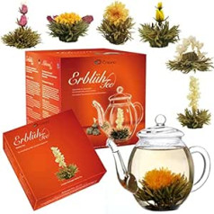 Creano tējas ziedu dāvanu komplekts - ziedu tēja pavasara raža ar 500ml stikla podu un 6x balto tēju - 7gab - dāvana Ziemassvētkos