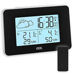 ADE Wireless Digital Weather Station with Outdoor Sensor, Indoor and Outdoor Temperature, Humidity Meter, Animated Weather Forecast, Radio Alarm Clock with Snooze Function, Black