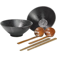 2 pieces (6 pieces) porcelain ramen bowl set, 1032 ml Japanese soup bowl with spoon and chopsticks, microwave and dishwasher safe, for Udon Asian pasta, black (20 cm)