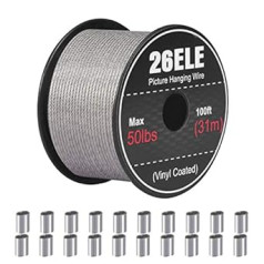 26ELE Picture Hanging Wire 50LB Heavy Duty Stainless Steel Wire Rope for Hanging Picture Frames, Mirrors and Wall Art, Strong Metal Wire 30M with 20 Aluminum Crimping Sleeves