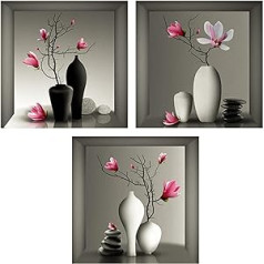 Fyihoxi Pack of 3 3D Wall Stickers, Vase Wall Stickers, 3D Flowers Vase Wall Stickers, 30 x 30 cm 3D Vase Stickers, Vases Wall Sticker for Living Room for Bedroom, Living Room, Children's Room