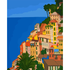 CaptainCrafts DIY Oil Painting by Numbers for Adults 40 x 50 cm City House Picture (Blue Sea Mountain Village, With Frame)