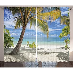ABAKUHAUS Tropical Rustic Curtain, Palm Tree Coast, Living Room Universal Tape Curtains with Loops and Hooks, 280 x 175 cm, Coconut Blue