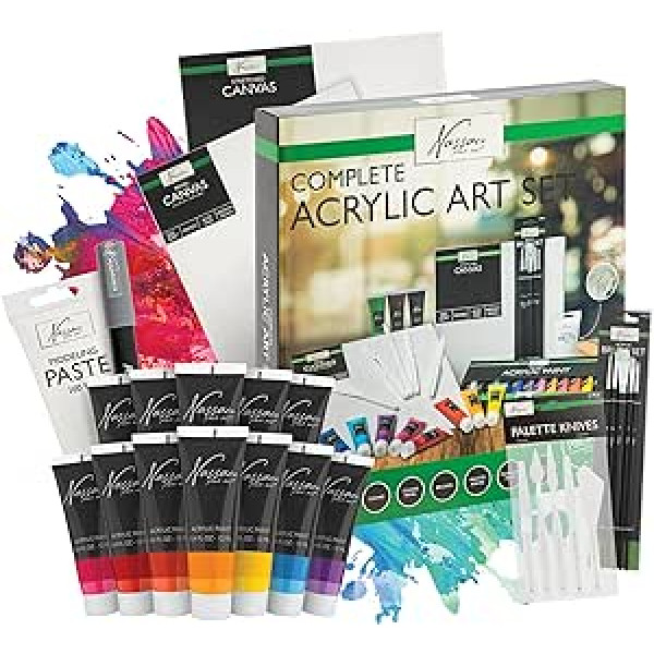 Nassau Fine Art 38-Piece Acrylic Paint Starter Set - Includes Canvas, Brushes and Modelling Paste - Acrylic Paint Set - Acrylic Paint for Hobby Artists - Acrylic Painting Accessories