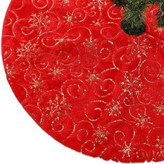 CITÉTOILE 90 cm Christmas Tree Skirt Christmas Tree Skirt Faux Fur Golden Glitter Snowflake Round Christmas Tree Skirt Fur Christmas Tree Stand Rug for Christmas Holiday Decoration, Red