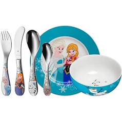 WMF Disney saldētu bērnu trauku komplekts, 6 gabali, Frozen Elsa & Anna, bērnu trauki ar bērnu galda piederumiem, nerūsējošais tērauds, no 3 gadiem, Cromargan pulēts