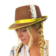 Brūna un dzeltena Bavārijas cepure sievietēm, kostīmu aksesuāri Tiroles alus festivālam Unisex Oktoberfest ar baltu spalvu sānos (1 iepakojumā)