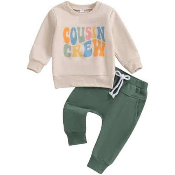 Newborn Baby Boy Girl Cousin Crew Clothing Set 2 Pieces Long Sleeve Crew Neck Pullover Sweatshirt Elastic Waist Jogger Long Trousers Siblings Tracksuits