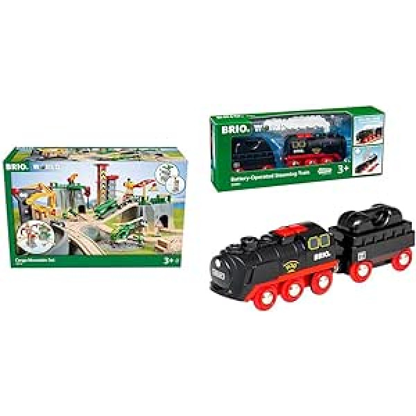 BRIO World 36010 Mountain Freight Set Deluxe Railway Fun on Multiple Levels & World 33884 Battery Steam Locomotive with Water Tank
