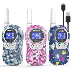 QNIGLO Q168Plus Walkie Talkie Children's Set of 3 Rechargeable, PMR 8 Channels Two-Way Communication 2-5 km, Hiking, Running, Toy Gifts for Boys Girls, Outdoor Games (Pink+2Blue)