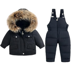 LianMengMVP Langarm Outfits für Mädchen Einfarbiger Schneeanzug für Kleinkinder im Winter für Mädchen und Jungen, Latzhose und Kapuzenjacke mit Reißverschluss Stirnband Kleinkind