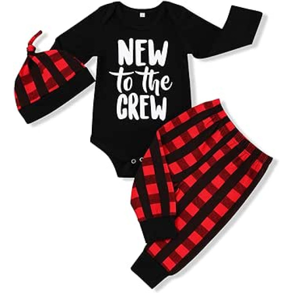 TUEMOS Baby Jungen Mädchen Kleidung Little Man Langarm Strampler Plaid Hose + niedliche Mütze, 3-teiliges Set