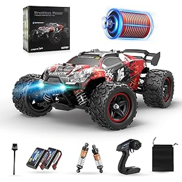 Šeit atrodas tālvadības automašīna, 1:18, 60+ km/h bezsuku motora RC automašīna, 4 WD Offroad RC automašīna, 2,4 GHz tālvadības sacīkšu automašīna, 50+ minūšu spēles laiks pieaugušajiem un bērniem (sarkanā krāsā)