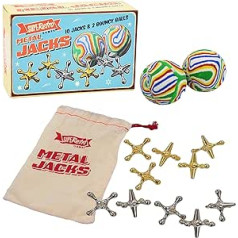 Traditional Retro Metal Jacks Family Game with 2 Rubberised Swirl Balls and 10 Heavy Metal Crosses, Instructions and Cloth Carry Bag, Classic Knucklebones