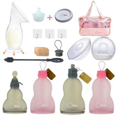 Breast Milk Storage Bags | O'doe Silicone Breast Milk Bottles for Breastfeeding | Breast Milk Collector & Shells | Silicone Manual Breast Pumps & Caps with Cleaning Brush