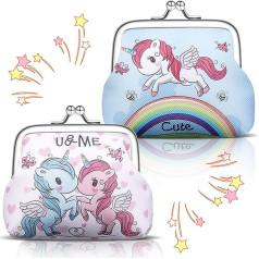 2 Pieces Unicorn Purses, Faux Leather Coin Bags, Portable Jewellery Bag with Kiss Lock Closure, Cute Unicorn Rainbow Gift Pack for Children, Birthday Favours, multicoloured