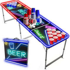 Original Cup Oficiālais Spotlight alus tenisa galda komplekts ar LED apgaismojumu LED Beer Pong Full Pack Ietver 1 alus tenisa galdu + 120 tases 53 cl (60 sarkanas un 60 zilas) + 6 galda tenisa bumbiņas | augstākās kvalitātes.