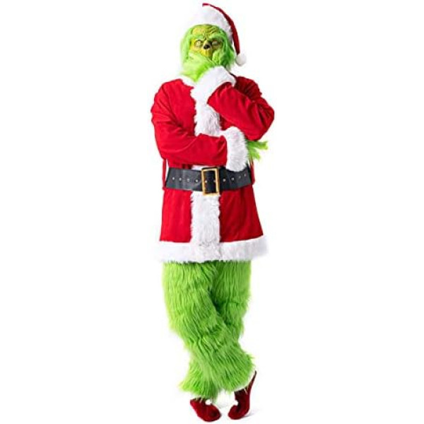 Grinch Christmas Costume Funny Adult Costume Includes Mask Green Monster Costume for Men Christmas 7 Pieces Grinch Cosplay