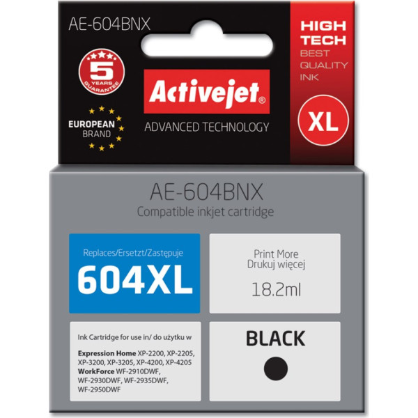 Effiki Activejet ae-604bnx tinte (aizvietotājs epson 604xl c13t10h14010, ietilpība 500 lappuses; 18,2 ml; supreme; melna)