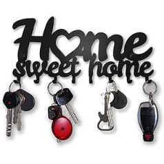 SirHoldeer Key Holder Home Sweet Home, Black with 10 Hooks, Key Storage, Key Hook Modern, Key Holder Wall, Wall Decoration, Hallway, Metal Decoration