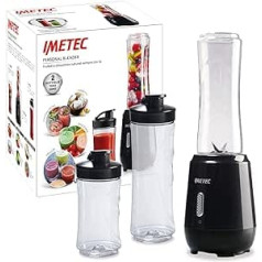 Imetec Personal Blender PB 100 Mini Blender ar 2 Tritanflaschen zum Mitnehmen un 4 schwarzen Klingen aus Edelstahl, Kunststoff