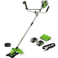 Greenworks GD24X2BCBK4x Battery Brush Cutter with Brushless Motor, Harness, Motorcycle Handle, 38 cm Cutting Width, 2 mm Nylon Threads, 25 cm Blade, 2 x 24 V 4Ah Batteries and Charger