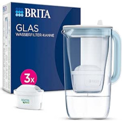 BRITA stikla ūdens filtra krūze gaiši zila (2,5 l) ar 3 Maxtra Pro universālajām kasetnēm — Premium dizaina stikla krūze, izturīga un viegla/samazina kaļķakmens, hlora, pesticīdus, metālus, piemēram, svinu un