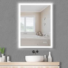 furduzz IL-02-60 Dimmable Bathroom Mirror with Lighting, Vertical and Horizontal Mounting LED Mirror, Wall Mirror with Touch Switch, 3 Light Colours, Anti-Fog and Memory Function, 60 x 45 cm