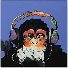 Fokenzary Handgemaltes Ölgemälde auf Leinwand Pop Art Putziger Schimpanse hört Music ar Kopfhörer ar Rahmen Fertig zum Aufhängen 16x16in
