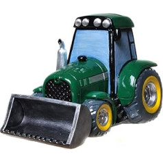 Beautiful large money box, piggy bank, green tractor with shovel with screw cap