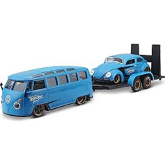 Maisto 32752-00000063 Dizaina Elite Transporter Volkswagen Van Samba + Volkswagen Beetle: Transportera modelis ar piekabi, 2 automašīnu modeļi, atveramas durvis, Mērogs 1:24, 43 cm, zils (532752), 532751