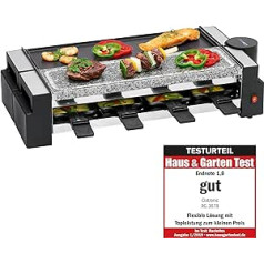 Clatronic RG 3678, 2-in-1 Raclette grils, dabīgais grila akmens un atgriezeniska liešanas plāksne, 180° grozāms savienojums, 8 pannas / 8 koka lāpstiņas, var izmantot arī kā 4-personu raklete, nepiedegošs pārklājums, 1200 vati