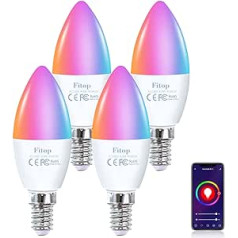 Fitop Alexa viedās spuldzes, E14 WiFi LED spuldzes, aptumšojama spuldze, 4,9 W, 470 Lm + 2700–6500 K + RGB 16 miljoni krāsu, lietotņu vadība, saderīga ar Alexa/Google Home, balss vadība, 4 gab. komplekts