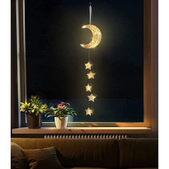 Lewondr Indoor Fairy Lights, Rattan Moon Stars Fairy Lights, Dekoratīvā gaisma ar taimera funkciju, Dekoratīvais pakaramais, Ar baterijām darbināmas LED gaismas bērnu istabai, Guļamistabai, Svinību dekorēšana, Balts