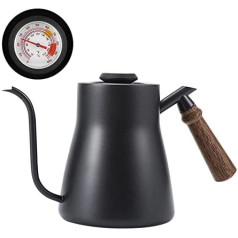 850 ml Coffee Kettle with Gooseneck and Wooden Handle, Stainless Steel with/without Thermometer, Watering Can, Elaborate Spout Design, Non-Slip Base, Matte Black (with Thermometer)