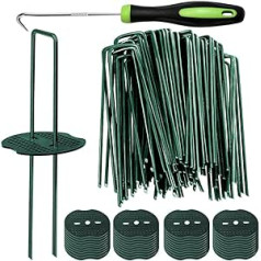 Bakulyor 150 Green Weed Control Membrane Pegs + 150 Buffer Discs 150mm Artificial Grass Pegs Metal Pegs for Netting Mats Covers Fabric Barrier Landscape Pegs
