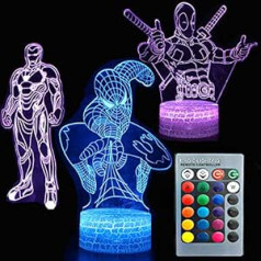 3D Night Light Avengers Touch galda galda lampa trīs raksti Iron Man/Spiderman/Deadpool 7 krāsu optiskās ilūzijas gaismas ar plakanu akrila un ABS plaisu pamatni un USB kabeli bērniem
