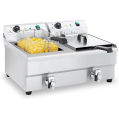 Royal Catering RCEF 16DH-1 Double Fryer nerūsējošais tērauds (2 x 16 litri, 2 x 3200 vati, termostats, 2 x drenāžas krāni, nerūsējošais tērauds)