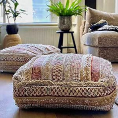 Bohemian Floor Cushion - Blend of Pure Wool and Cotton - Filler Not Included - 60 x 20 cm - Puff Ottoman Handmade Patchwork with Handmade Pouf Pouffe