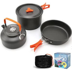 Camping Cookware Set for 2-3 People, Camping Pot with Teapot, Outdoor Foldable Camping Cooking Set, Lightweight Aluminium Camping Cooking Pot, Non-Stick Coating Cooking Set for BBQ, Hiking, Picnic