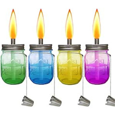 Aubasic 4 Pack Glass Table Torch, Fiberglass Wick, Stainless Steel Lids with Fire Caps, 6