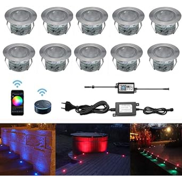 LED Recessed Floor Spotlights, RGB Set of 10, Diameter 45 mm, WiFi Patio Recessed Lights, Compatible with Amazon Alexa, Google Home, IP67 Waterproof App Controllable LED Outdoor Floor Light for Kitchen, Garden, Stairs, Balcony