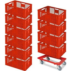 10 Euro Containers, L x W x H, 600 x 400 x 240 mm, Industrial Quality, Food-Safe + 1 Transport Roller, Red